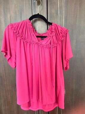 Ann Taylor Vibrant Fuchsia Ruffle Tie-Neck Blouse